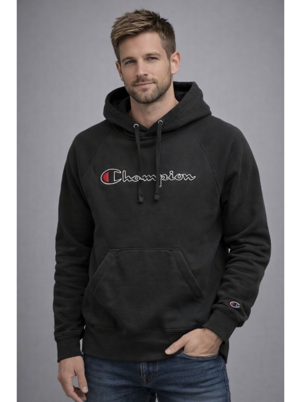 Champion Hoodie Mens Small Black Pullover Mock Neck Embroidered Script Logo
